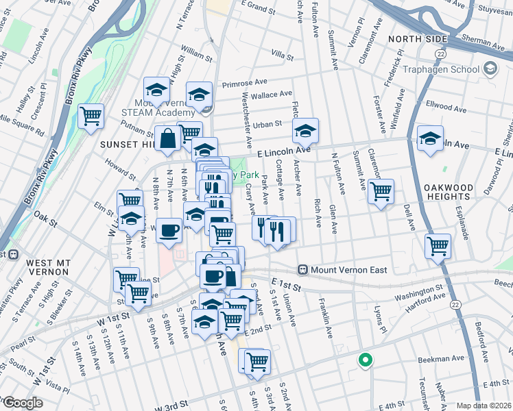 map of restaurants, bars, coffee shops, grocery stores, and more near 126 Park Avenue in Mount Vernon