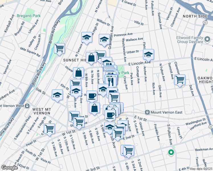 map of restaurants, bars, coffee shops, grocery stores, and more near 180 Gramatan Avenue in Mount Vernon