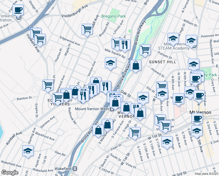 map of restaurants, bars, coffee shops, grocery stores, and more near 17 Crescent Place in Yonkers