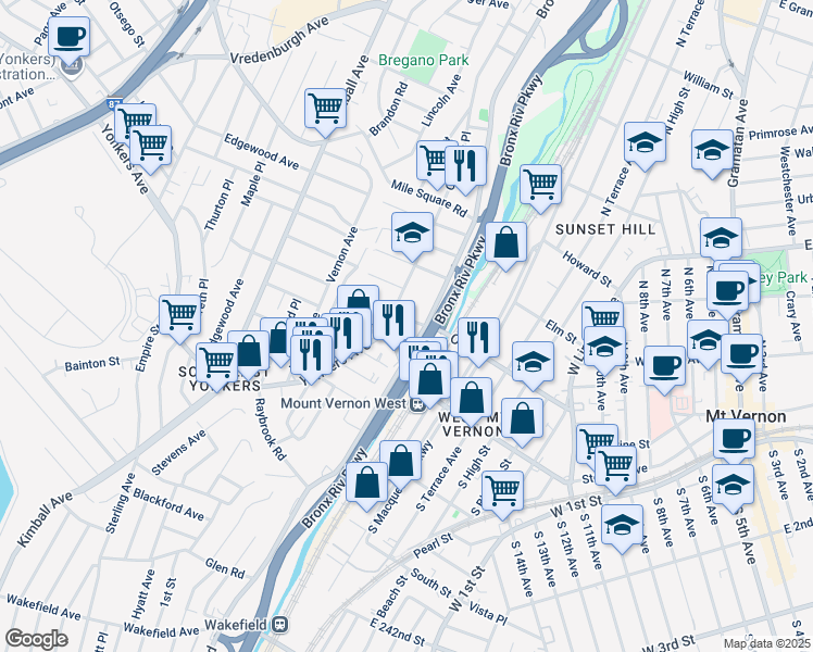 map of restaurants, bars, coffee shops, grocery stores, and more near 15 Crescent Place in Yonkers