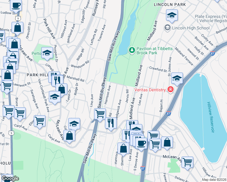 map of restaurants, bars, coffee shops, grocery stores, and more near 136 Harrison Avenue in Yonkers