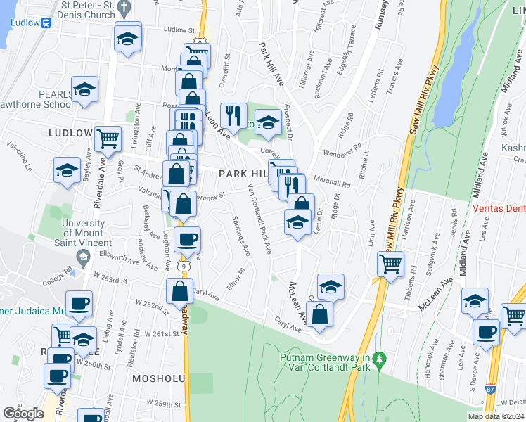 map of restaurants, bars, coffee shops, grocery stores, and more near 508 Van Cortlandt Park Avenue in Yonkers