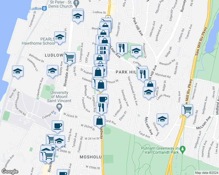 map of restaurants, bars, coffee shops, grocery stores, and more near 59 Bruce Avenue in Yonkers