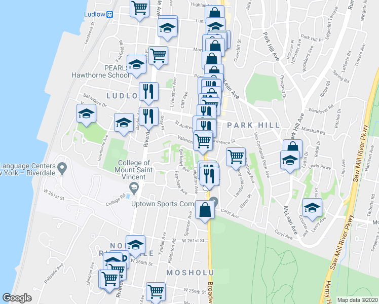 map of restaurants, bars, coffee shops, grocery stores, and more near 36 Berkeley Avenue in Yonkers