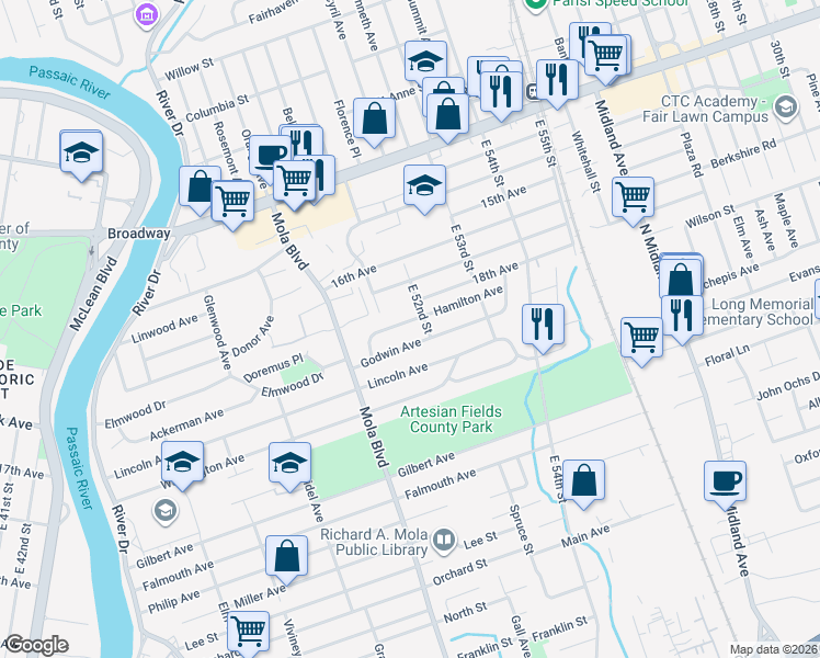 map of restaurants, bars, coffee shops, grocery stores, and more near 74 Hamilton Avenue in Elmwood Park