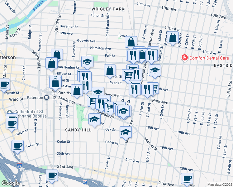 map of restaurants, bars, coffee shops, grocery stores, and more near 230 16th Avenue in Paterson