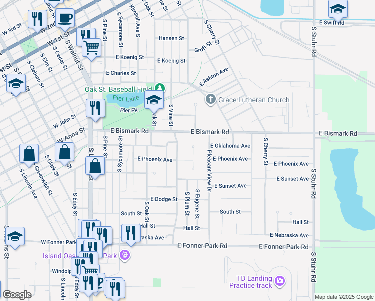 map of restaurants, bars, coffee shops, grocery stores, and more near 801 Phoenix Court in Grand Island