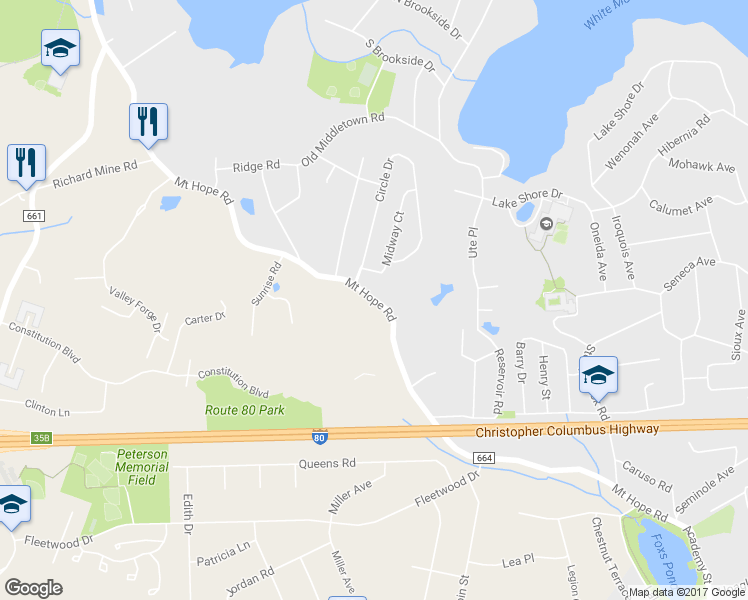 map of restaurants, bars, coffee shops, grocery stores, and more near 97 Mount Hope Road in Rockaway