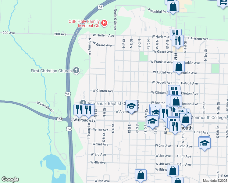 map of restaurants, bars, coffee shops, grocery stores, and more near 400 North G Street in Monmouth
