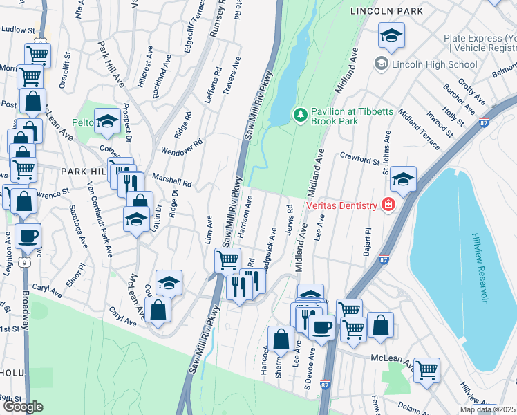map of restaurants, bars, coffee shops, grocery stores, and more near 136 Harrison Avenue in Yonkers