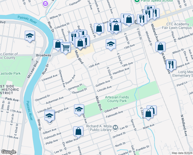 map of restaurants, bars, coffee shops, grocery stores, and more near 169 Mola Boulevard in Elmwood Park