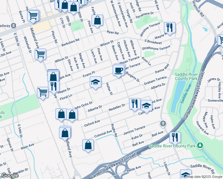 map of restaurants, bars, coffee shops, grocery stores, and more near 20 Hutter Street in Saddle Brook