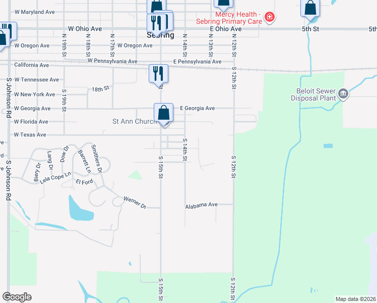 map of restaurants, bars, coffee shops, grocery stores, and more near 507 South 14th Street in Sebring