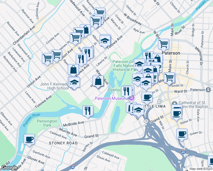 map of restaurants, bars, coffee shops, grocery stores, and more near 1 Wayne Avenue in Paterson