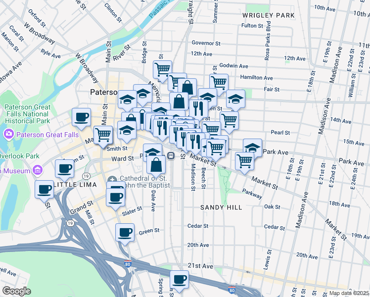 map of restaurants, bars, coffee shops, grocery stores, and more near 21 Park Avenue in Paterson
