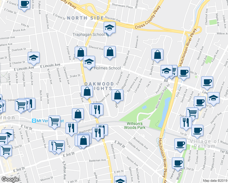 map of restaurants, bars, coffee shops, grocery stores, and more near 460 East Prospect Avenue in Mount Vernon