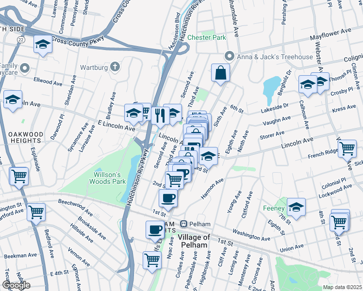 map of restaurants, bars, coffee shops, grocery stores, and more near 70 Lincoln Avenue in Village of Pelham