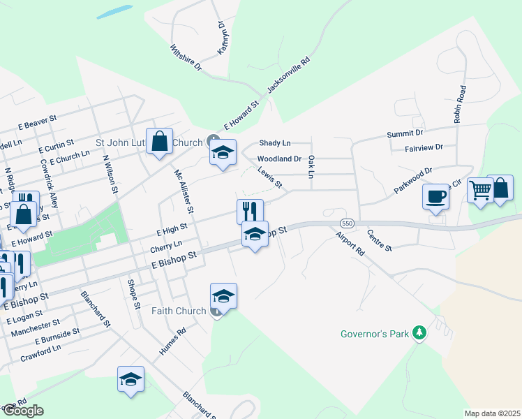 map of restaurants, bars, coffee shops, grocery stores, and more near 900-964 E High St in Bellefonte
