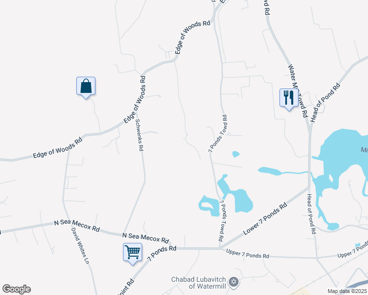 map of restaurants, bars, coffee shops, grocery stores, and more near Wood Edge Court in Water Mill