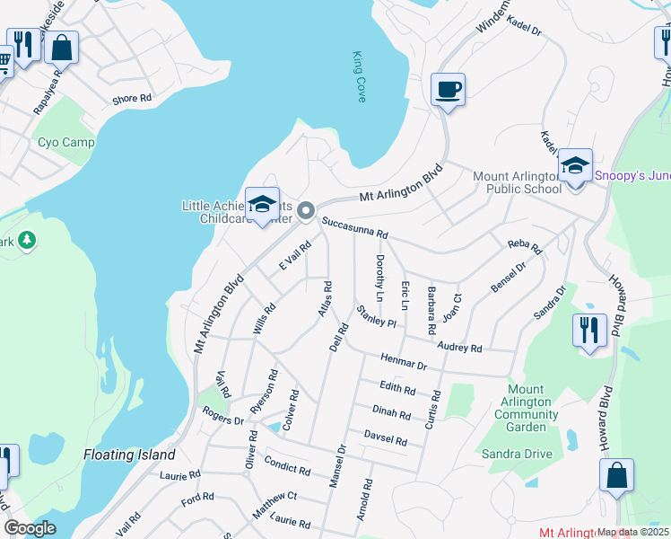 map of restaurants, bars, coffee shops, grocery stores, and more near 573 Dell Road in Roxbury Township