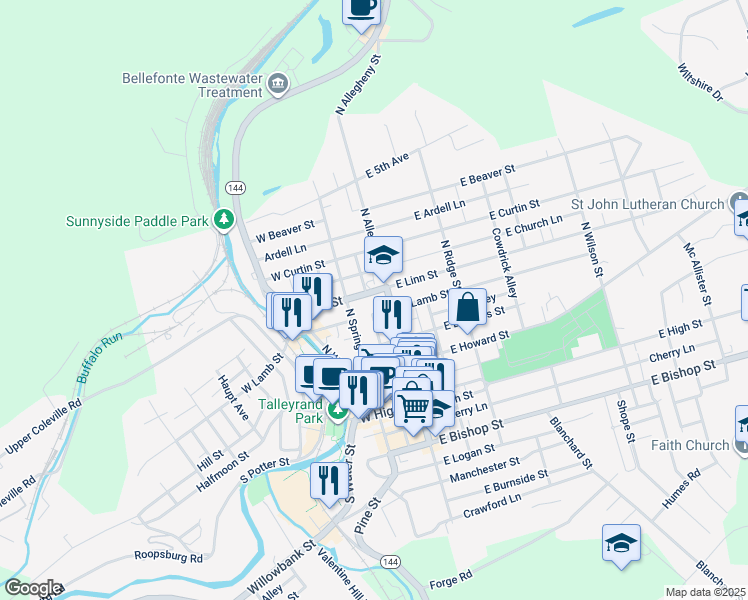 map of restaurants, bars, coffee shops, grocery stores, and more near 100 West Linn Street in Bellefonte