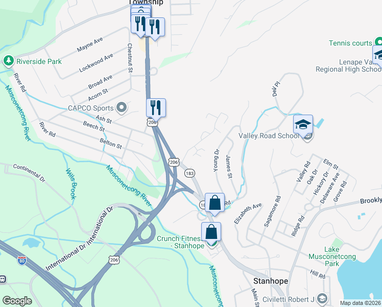 map of restaurants, bars, coffee shops, grocery stores, and more near 108 Stonegate Lane in Stanhope