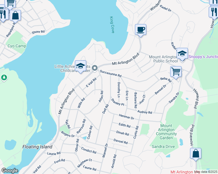 map of restaurants, bars, coffee shops, grocery stores, and more near 573 Dell Road in Roxbury Township