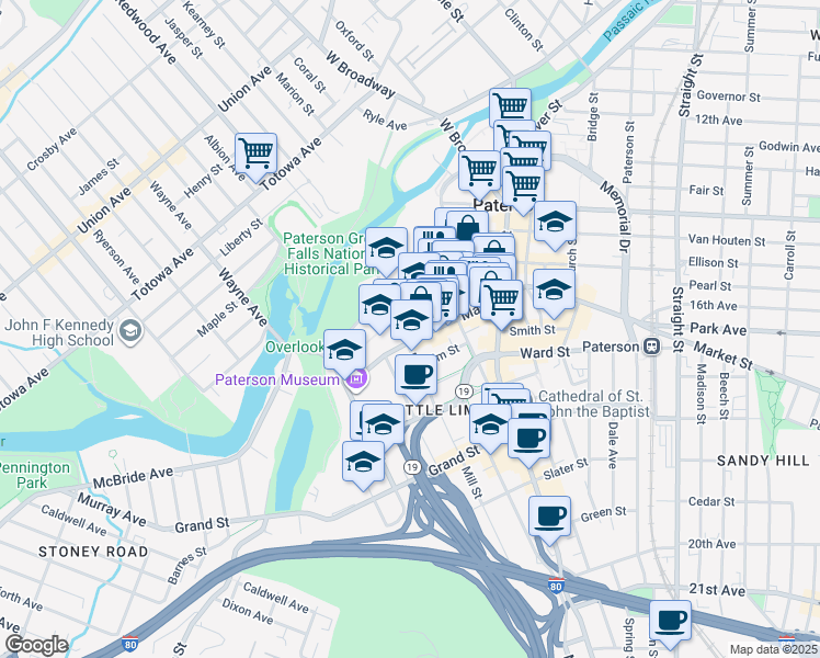map of restaurants, bars, coffee shops, grocery stores, and more near 20 Mill Street in Paterson