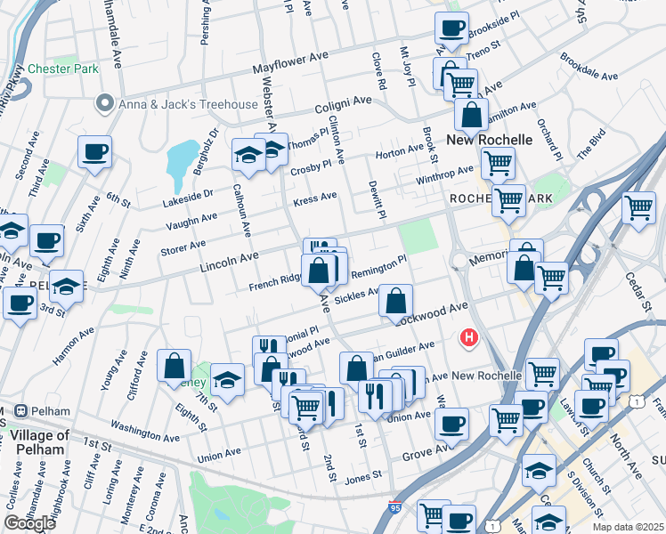 map of restaurants, bars, coffee shops, grocery stores, and more near 135 Remington Place in New Rochelle