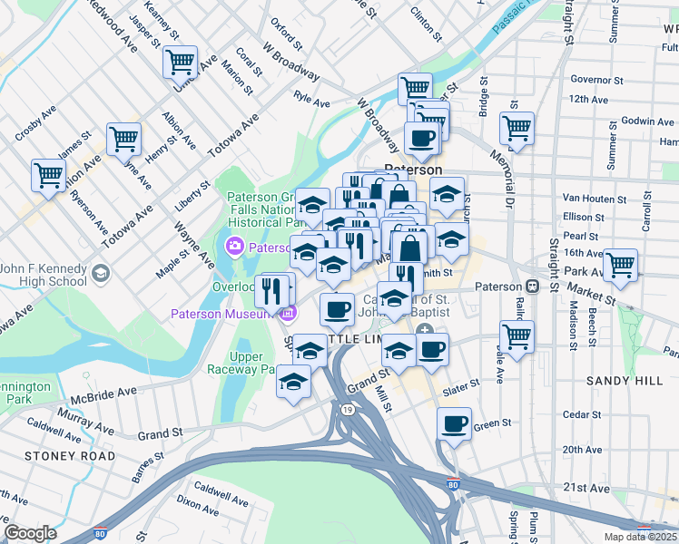 map of restaurants, bars, coffee shops, grocery stores, and more near 45 Market Street in Paterson