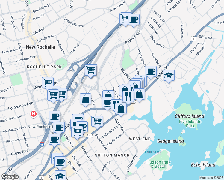 map of restaurants, bars, coffee shops, grocery stores, and more near 52 Jackson Street in New Rochelle