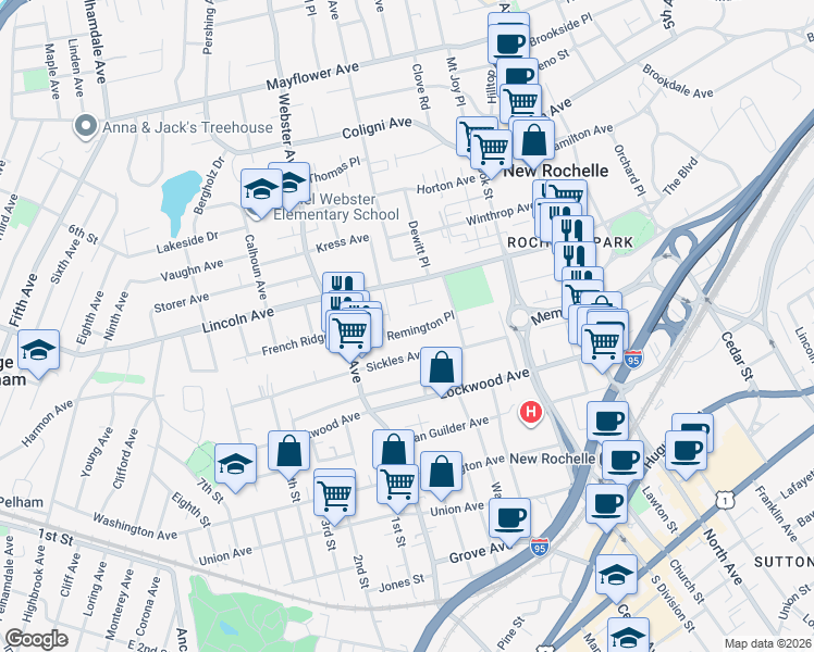 map of restaurants, bars, coffee shops, grocery stores, and more near 22 Winyah Terrace in New Rochelle