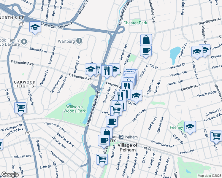 map of restaurants, bars, coffee shops, grocery stores, and more near 223 Second Avenue in Village of Pelham