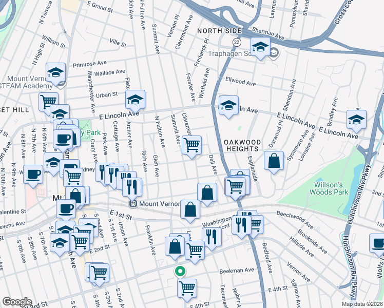 map of restaurants, bars, coffee shops, grocery stores, and more near 112 Claremont Avenue in Mount Vernon