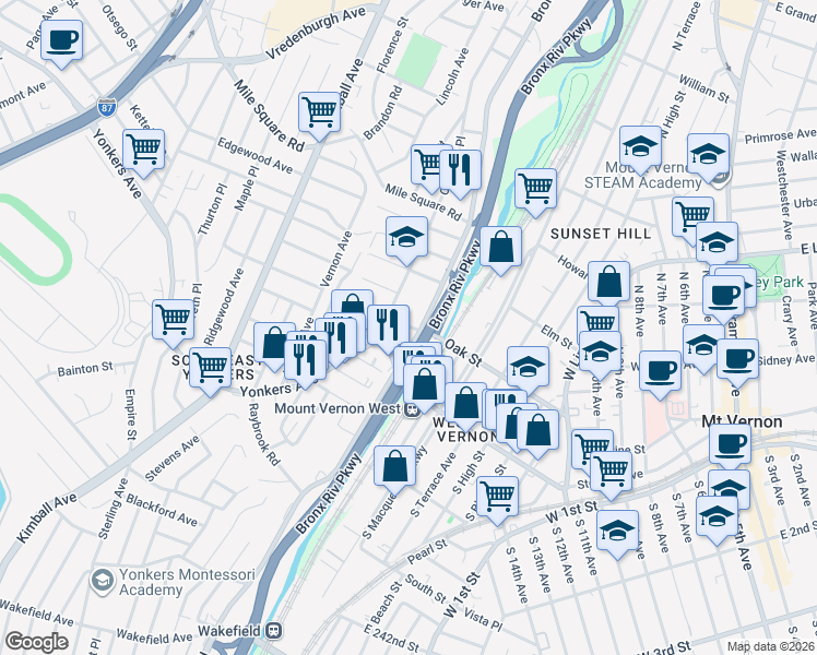 map of restaurants, bars, coffee shops, grocery stores, and more near in Yonkers