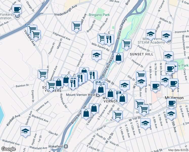 map of restaurants, bars, coffee shops, grocery stores, and more near 15 Crescent Place in Yonkers