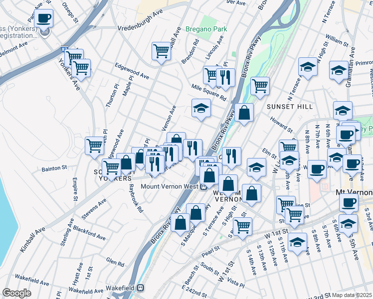 map of restaurants, bars, coffee shops, grocery stores, and more near 15 Crescent Place in Yonkers