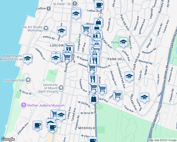 map of restaurants, bars, coffee shops, grocery stores, and more near 256 Valentine Lane in Yonkers