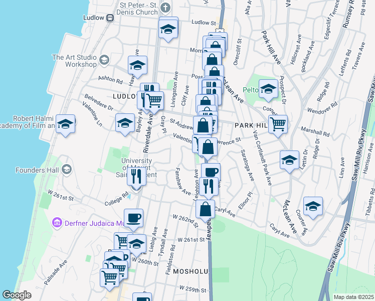 map of restaurants, bars, coffee shops, grocery stores, and more near 36 Berkeley Avenue in Yonkers