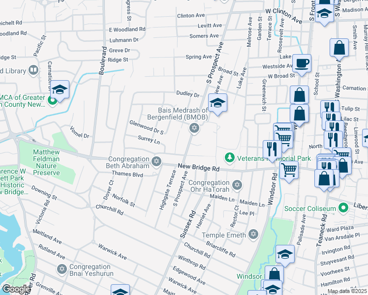 map of restaurants, bars, coffee shops, grocery stores, and more near 414 South Prospect Avenue in Bergenfield