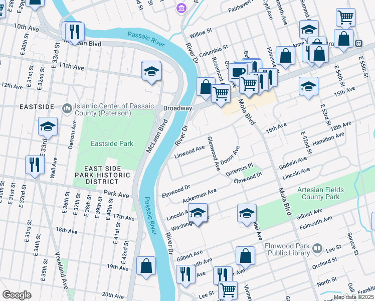 map of restaurants, bars, coffee shops, grocery stores, and more near 15 Linwood Avenue in Elmwood Park