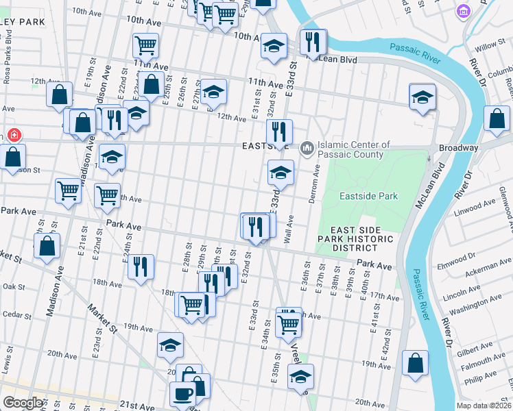 map of restaurants, bars, coffee shops, grocery stores, and more near 272 East 32nd Street in Paterson