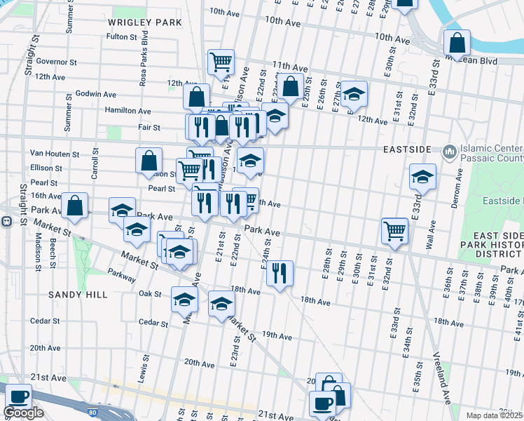 map of restaurants, bars, coffee shops, grocery stores, and more near 324 15th Avenue in Paterson