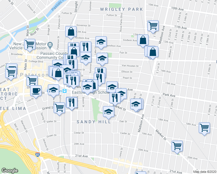 map of restaurants, bars, coffee shops, grocery stores, and more near 115 Park Avenue in Paterson
