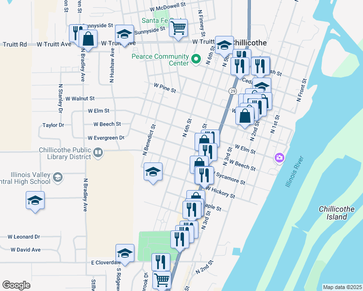 map of restaurants, bars, coffee shops, grocery stores, and more near 599 West Beech Street in Chillicothe