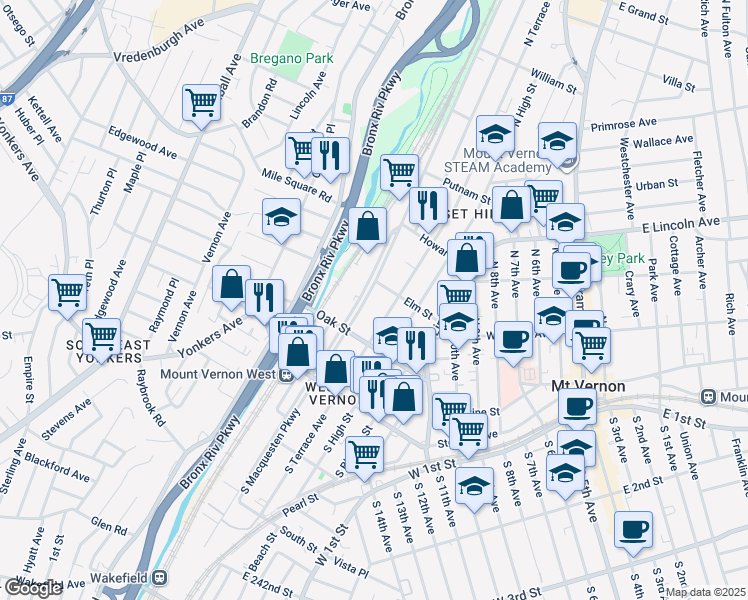 map of restaurants, bars, coffee shops, grocery stores, and more near 135 North MacQuesten Parkway in Mount Vernon