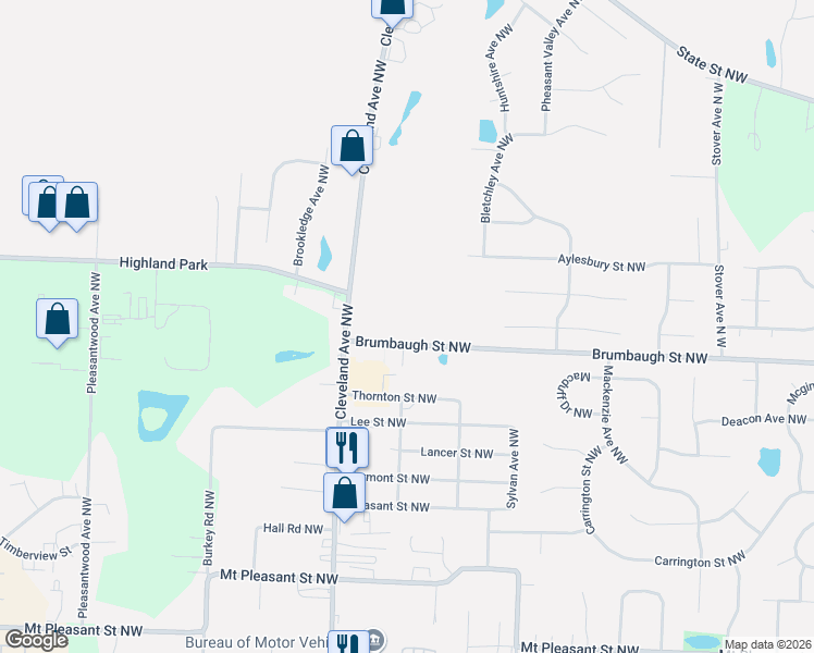 map of restaurants, bars, coffee shops, grocery stores, and more near 3051 Brumbaugh Street Northwest in North Canton