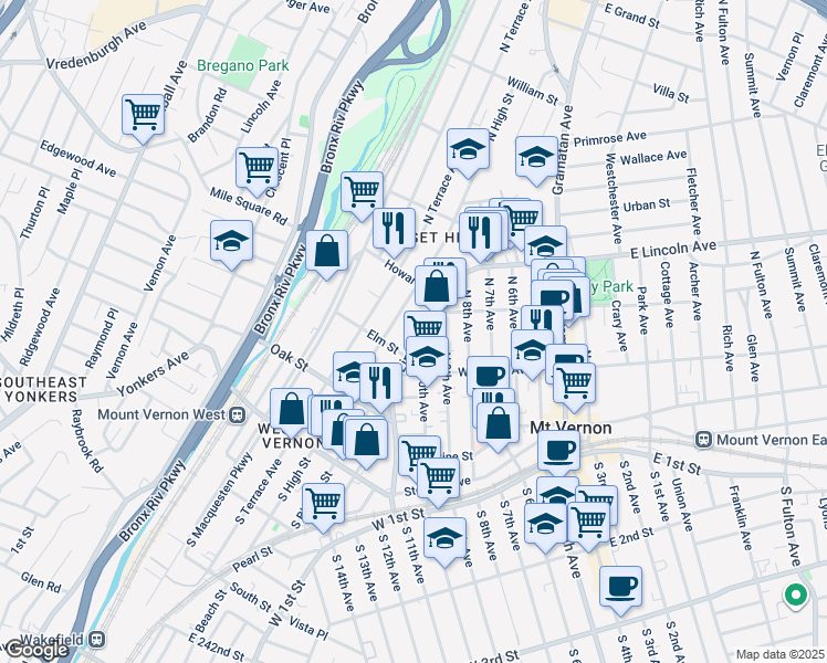 map of restaurants, bars, coffee shops, grocery stores, and more near 154 West Lincoln Avenue in Mount Vernon