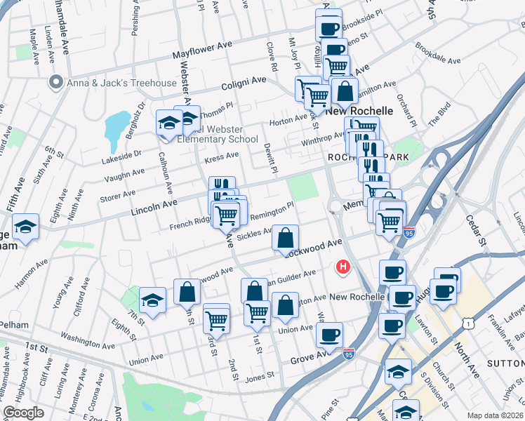 map of restaurants, bars, coffee shops, grocery stores, and more near 22 Winyah Terrace in New Rochelle