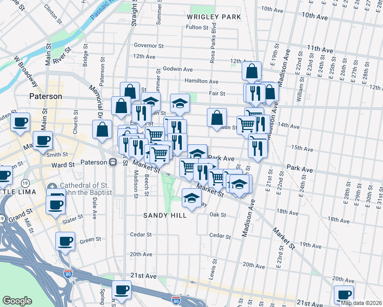 map of restaurants, bars, coffee shops, grocery stores, and more near 133 Park Avenue in Paterson